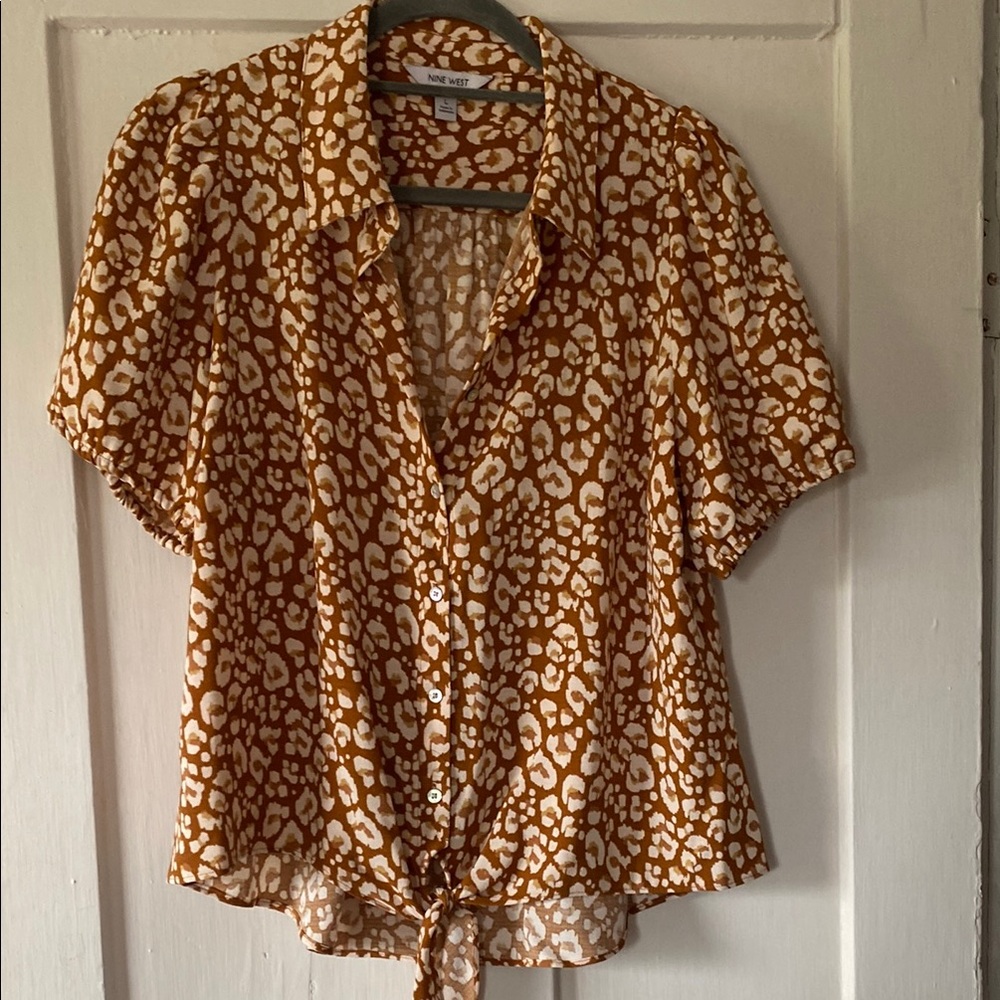 Nine West Tan Brown Tie Front Blouse with Notched Collar